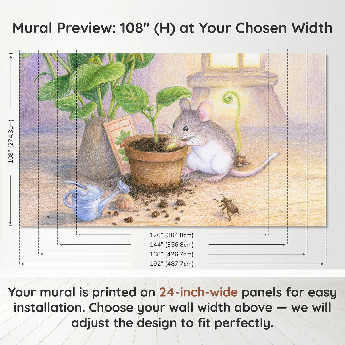Panel layout and dimensions for Planting the Magic Seed Wallpaper Mural by Whimsy Tots
