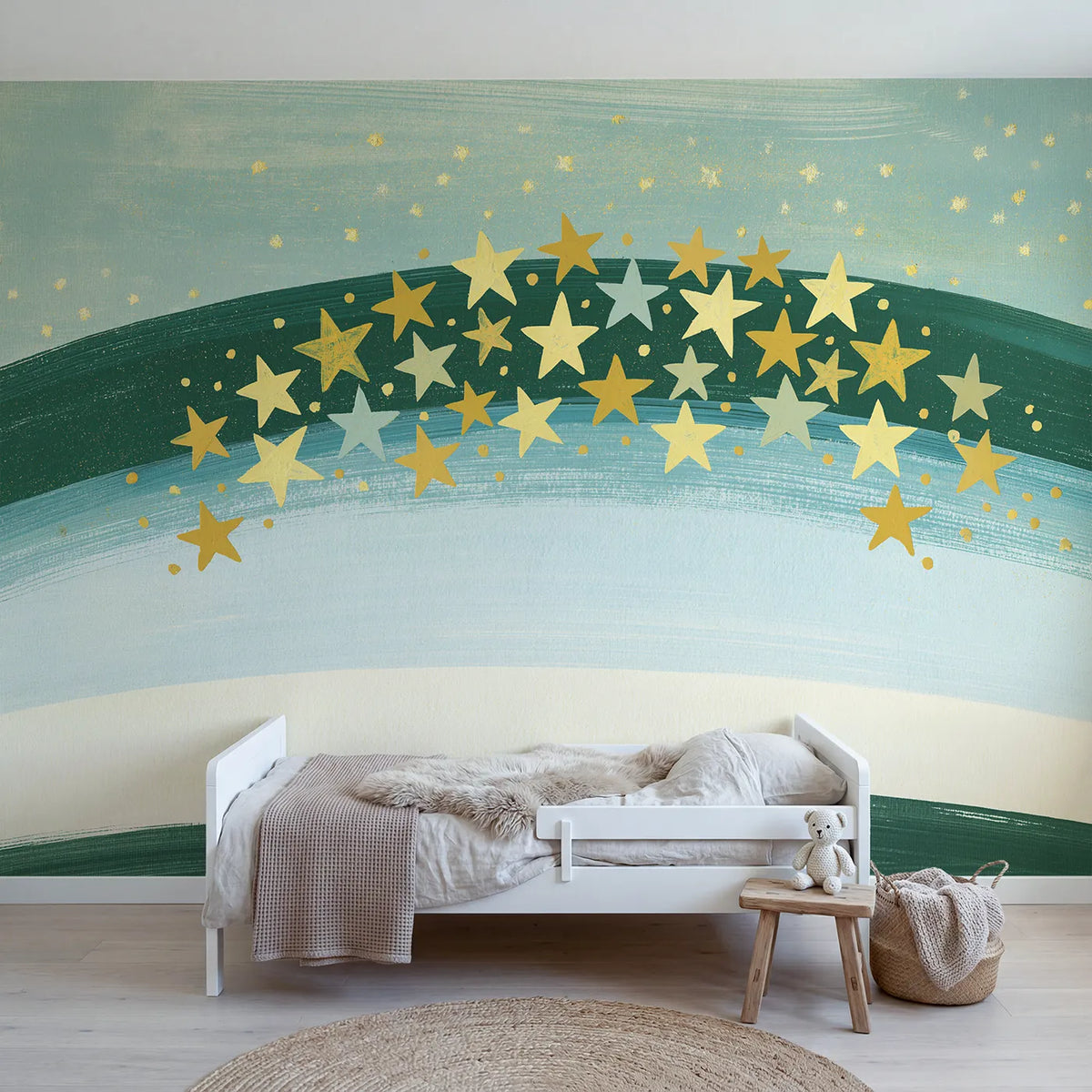 Gouache wall mural of a bold folk star cluster by Whimsy Tots