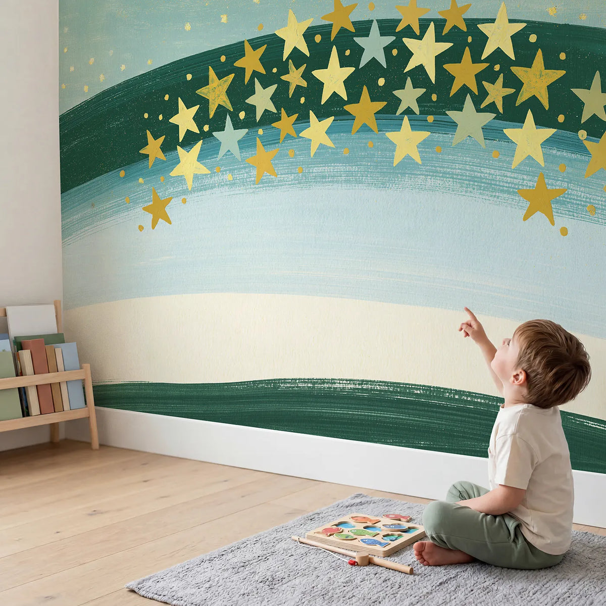 Child in nursery with Folk Star Cluster Wallpaper Mural by Whimsy Tots