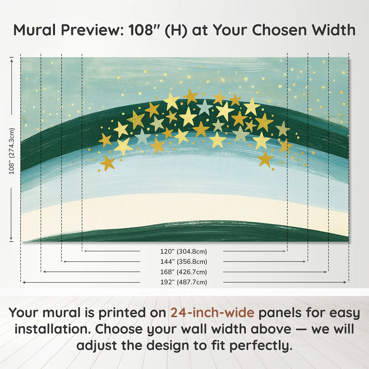 Panel layout and dimensions for Folk Star Cluster Wallpaper Mural by Whimsy Tots