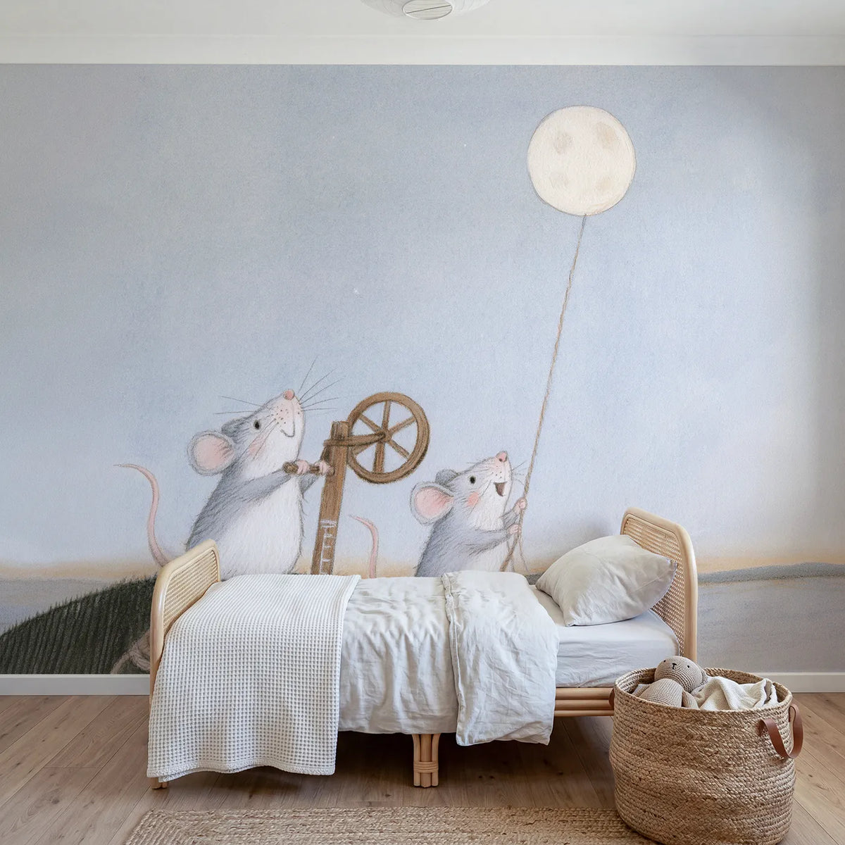 Colored Pencil mice winding the moon up on a rope, mural for a toddler room by Whimsy Tots