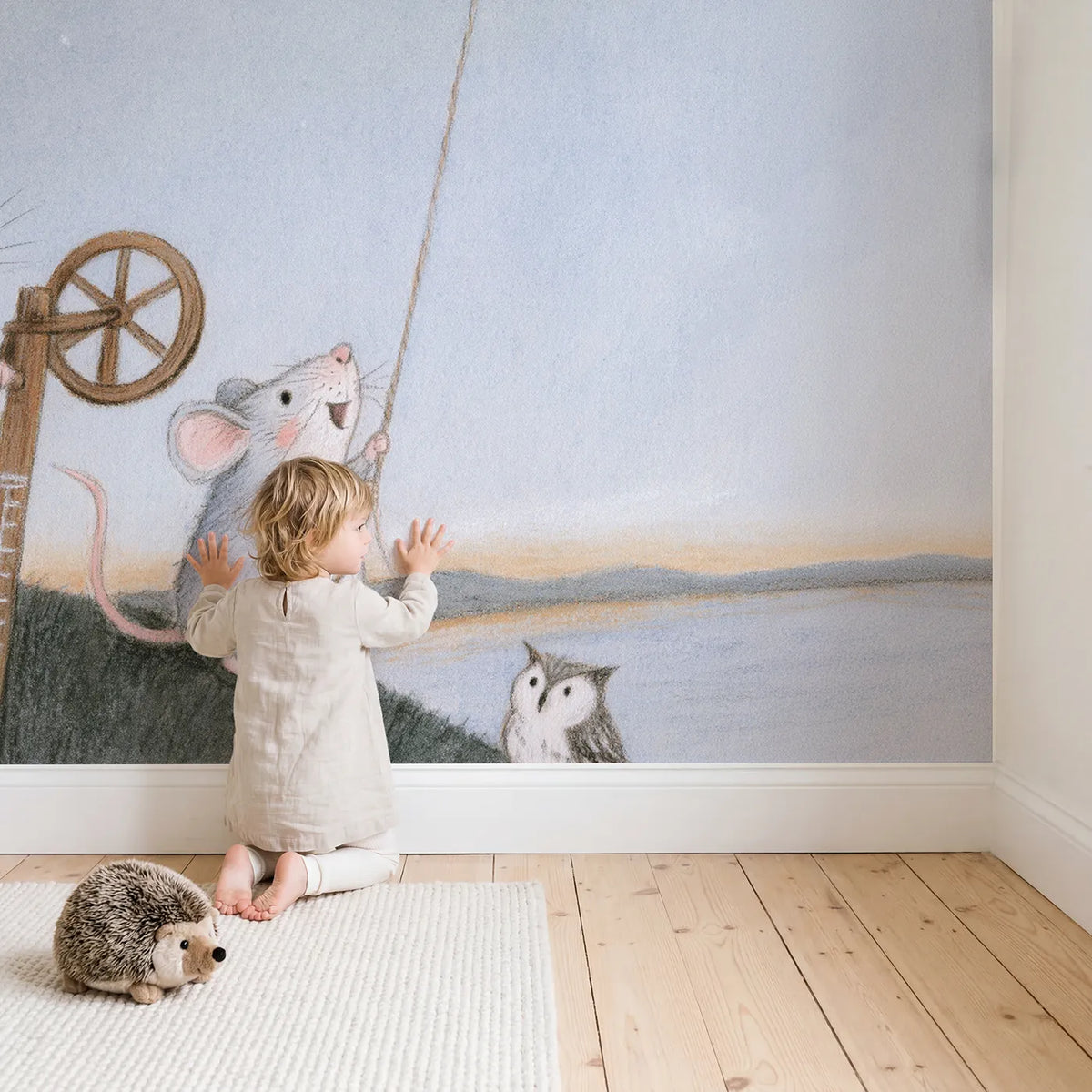 Child in nursery with Winding Up the Moon Wallpaper Mural by Whimsy Tots