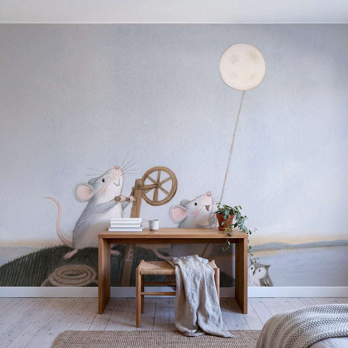 Winding Up the Moon Wallpaper Mural in playroom setting by Whimsy Tots