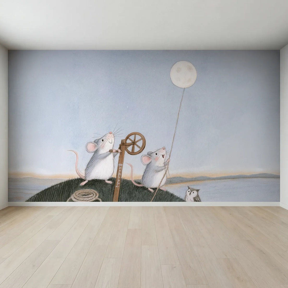 Full view of Winding Up the Moon Wallpaper Mural by Whimsy Tots