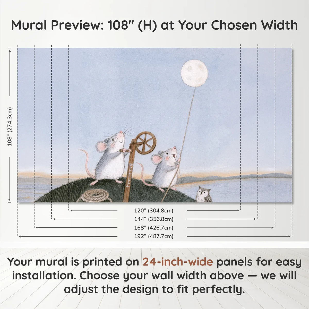 Panel layout and dimensions for Winding Up the Moon Wallpaper Mural by Whimsy Tots