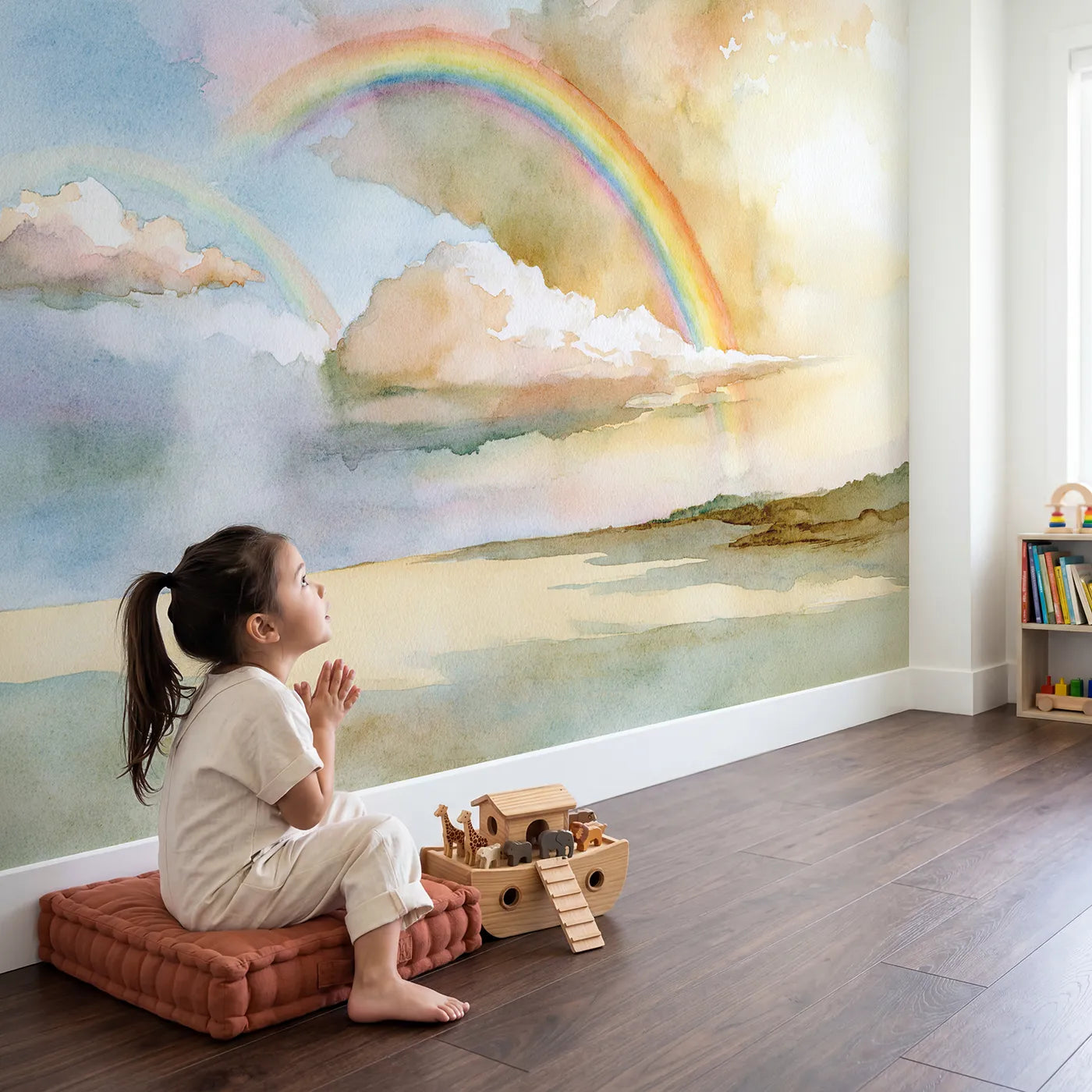 Child in nursery with Rainbow Arc Study Wallpaper Mural by Whimsy Tots