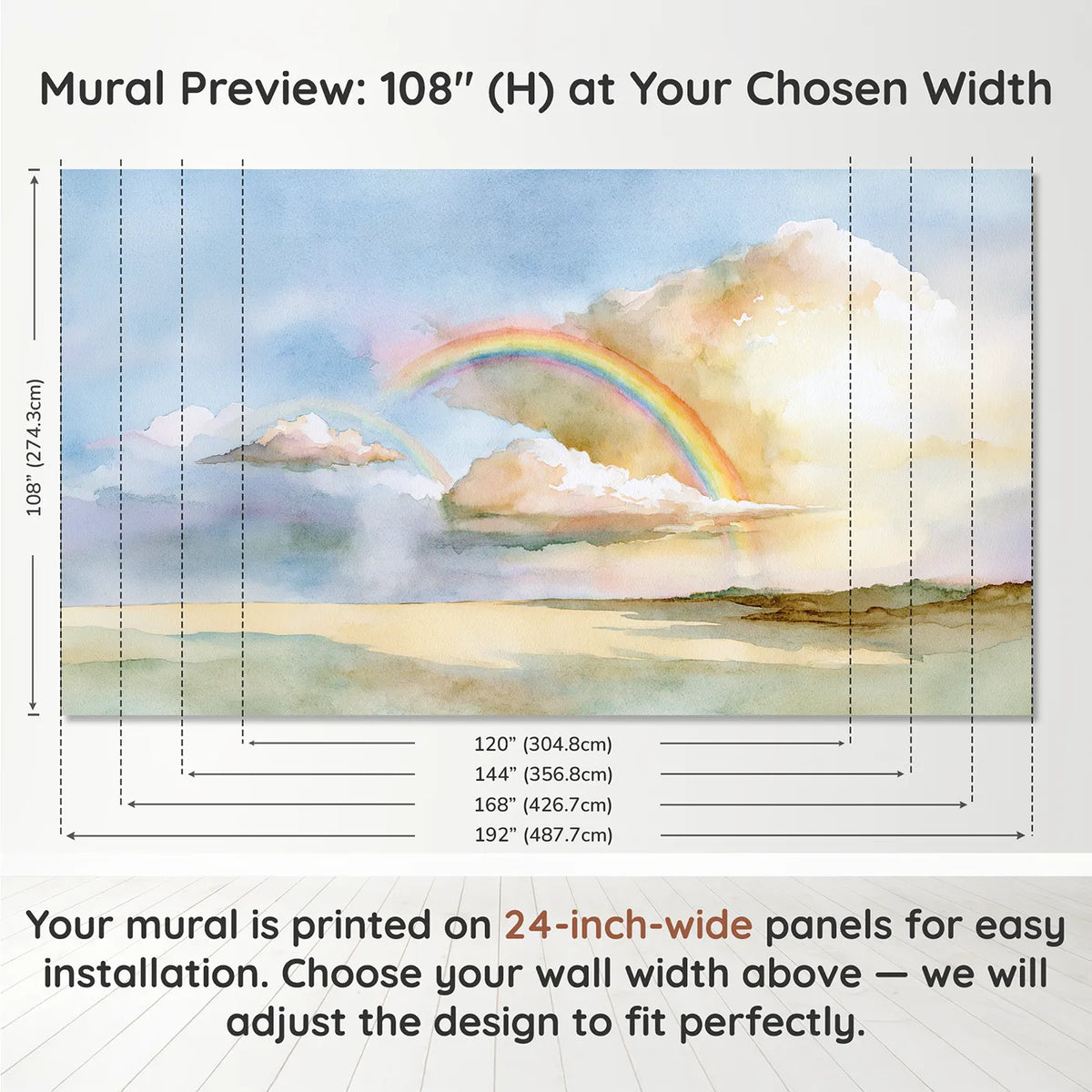 Panel layout and dimensions for Rainbow Arc Study Wallpaper Mural by Whimsy Tots