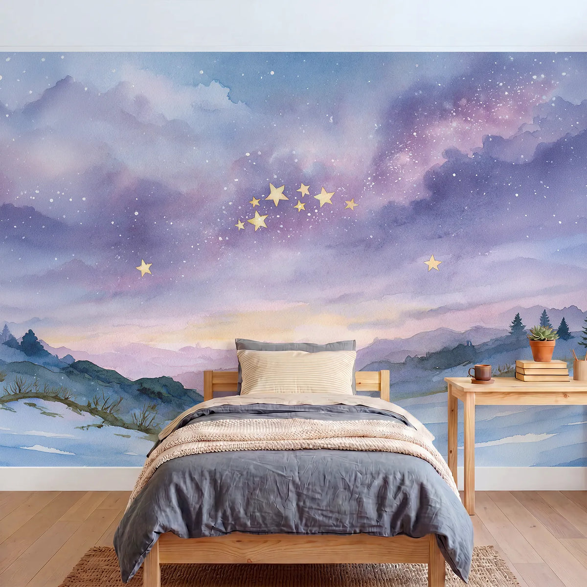 Watercolor wall mural of a soft star cluster grouping by Whimsy Tots