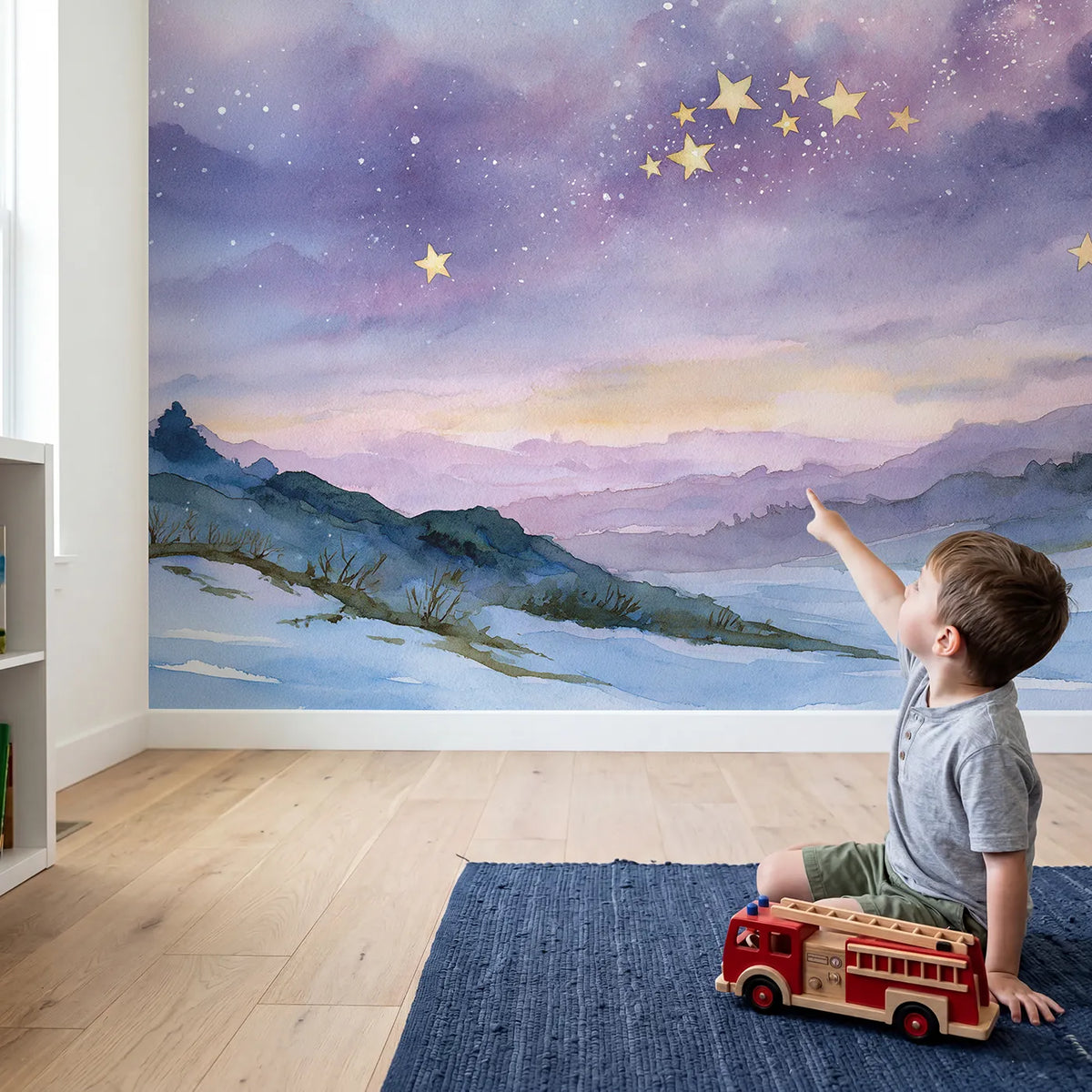 Child in nursery with Star Cluster Study Wallpaper Mural by Whimsy Tots