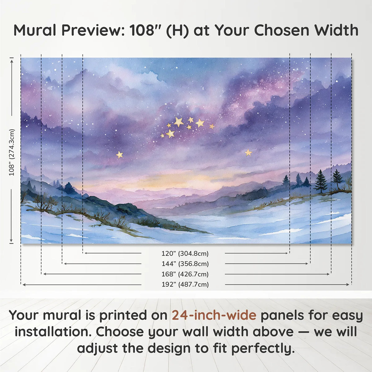 Panel layout and dimensions for Star Cluster Study Wallpaper Mural by Whimsy Tots