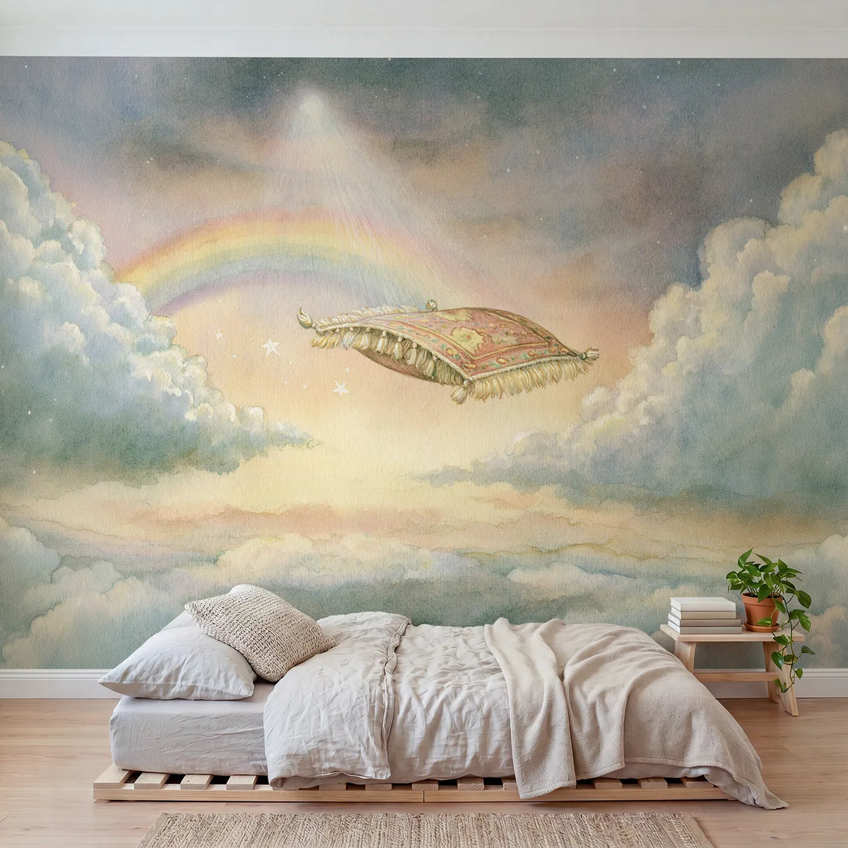 Watercolor wall mural of a little magic carpet by Whimsy Tots