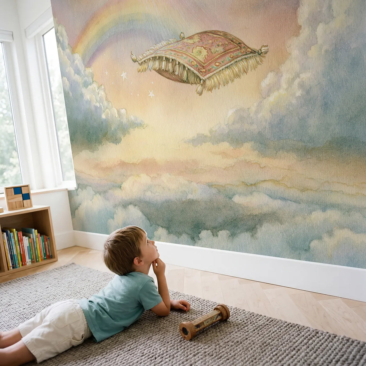 Child in nursery with Little Magic Carpet Wallpaper Mural by Whimsy Tots