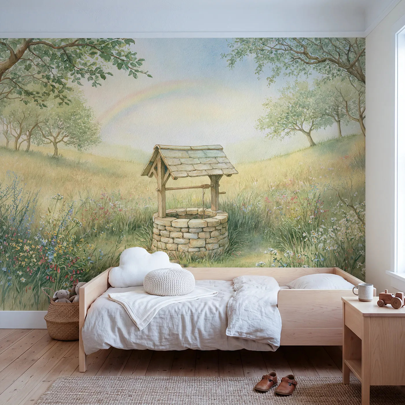 Watercolor wall mural of a gentle wishing well by Whimsy Tots