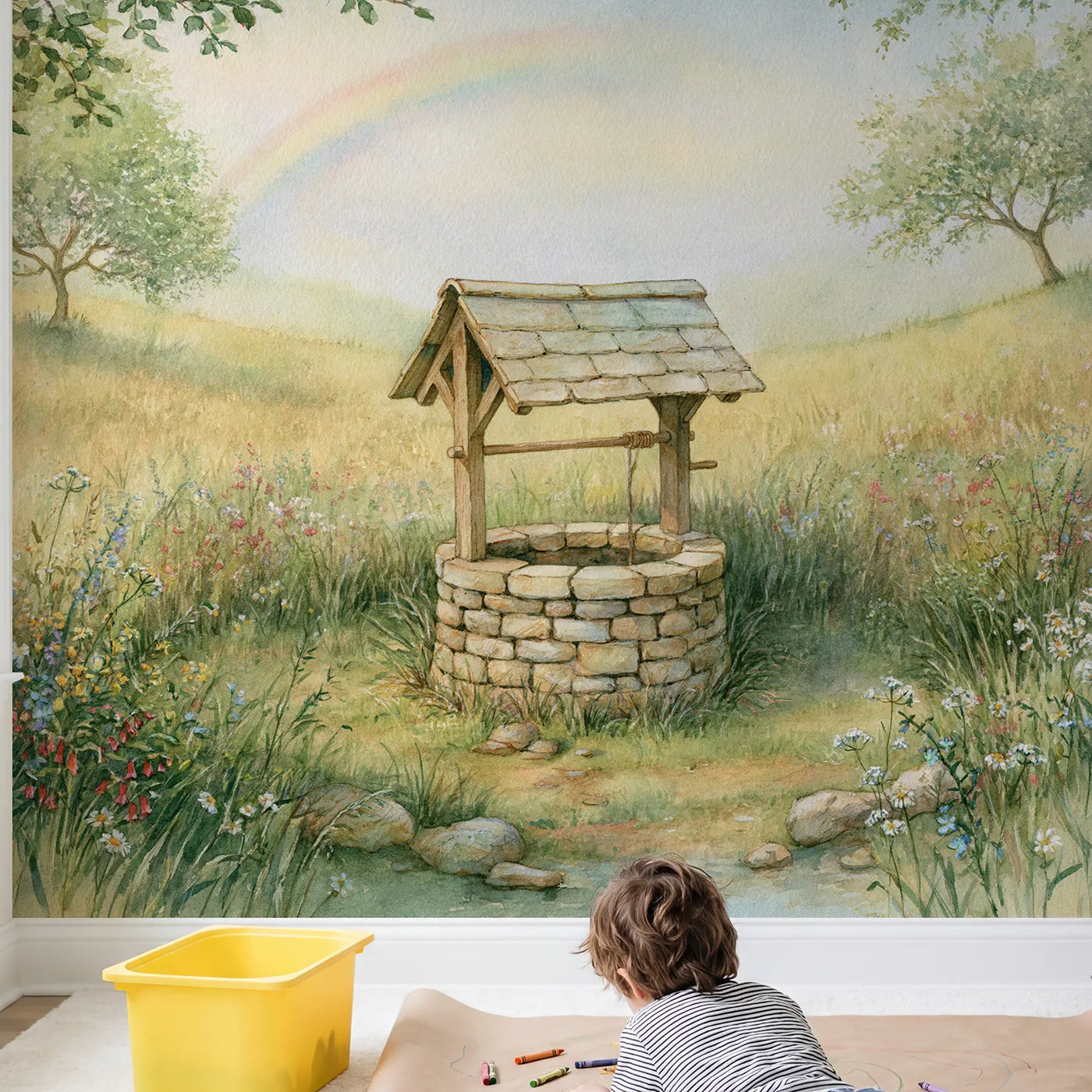 Child in nursery with Gentle Wishing Well Wallpaper Mural by Whimsy Tots
