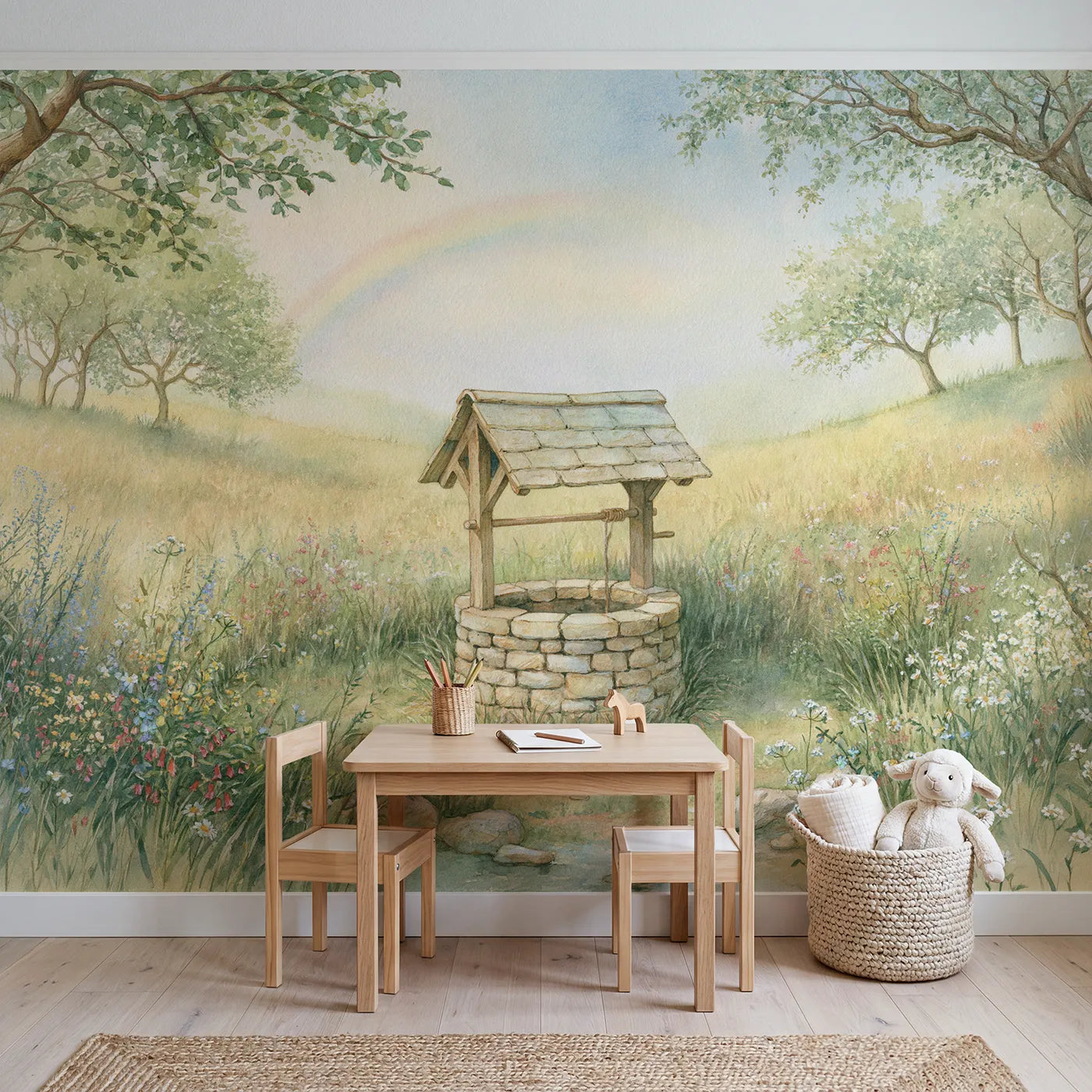 Gentle Wishing Well Wallpaper Mural in playroom setting by Whimsy Tots