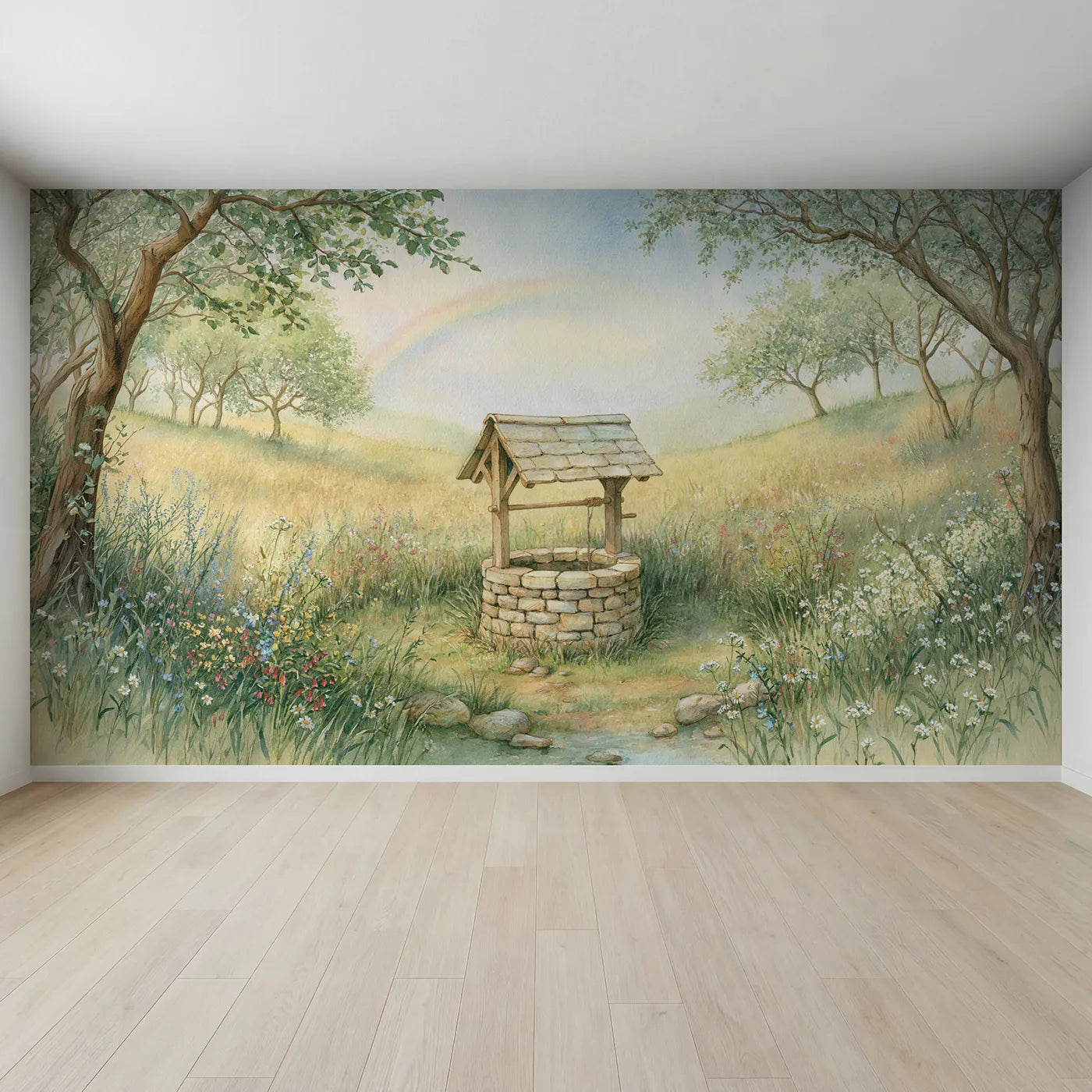 Full view of Gentle Wishing Well Wallpaper Mural by Whimsy Tots