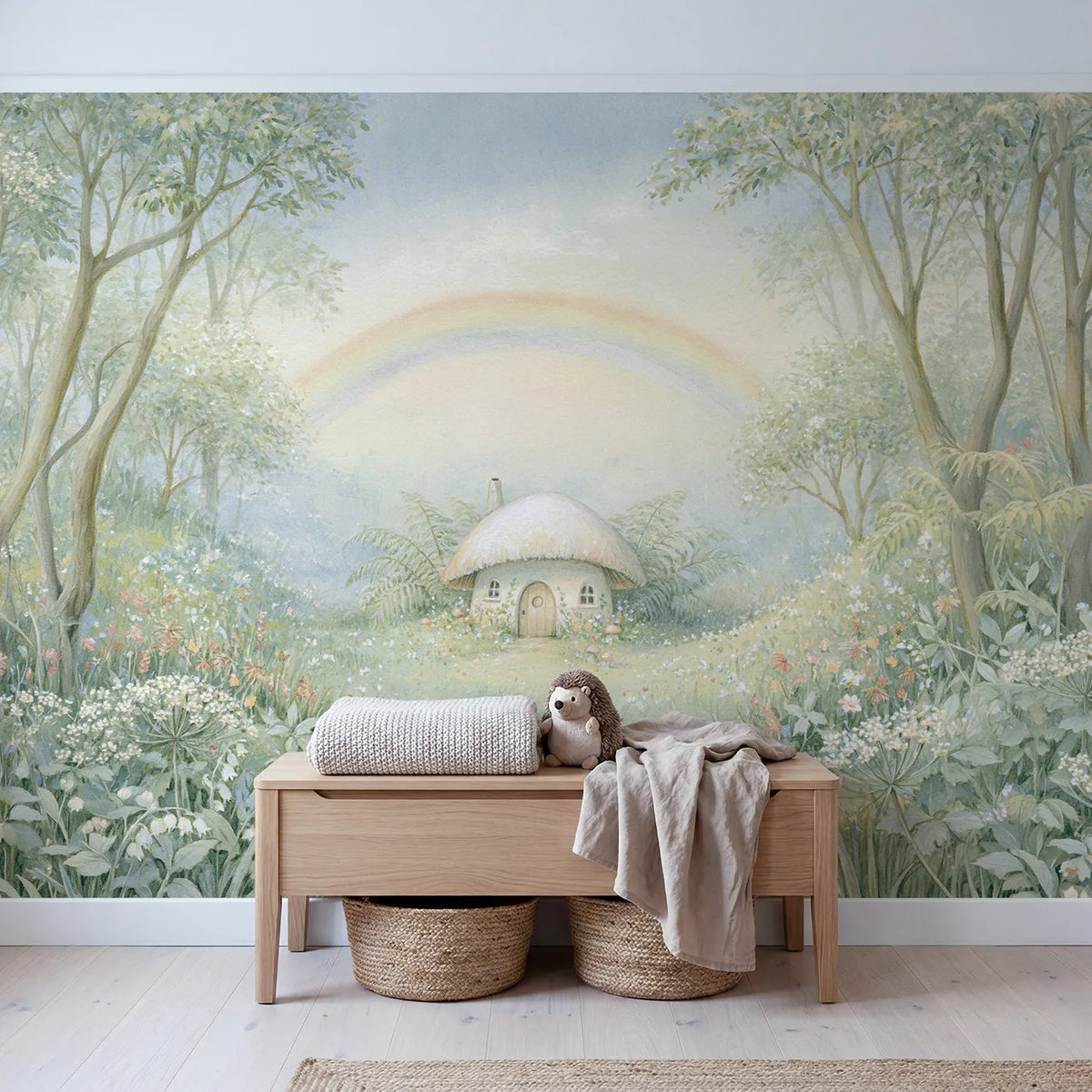 Little Toadstool Cottage Wallpaper Mural in playroom setting by Whimsy Tots