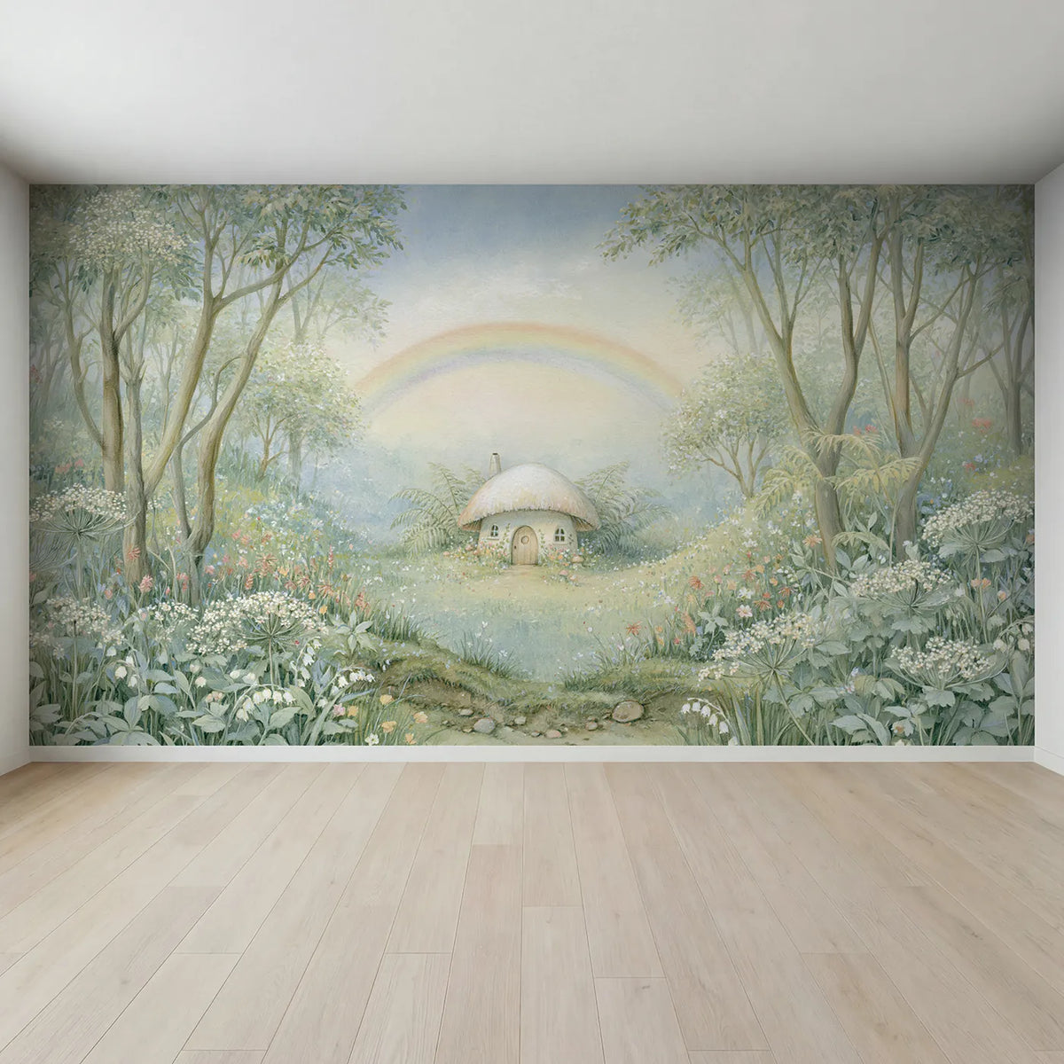 Full view of Little Toadstool Cottage Wallpaper Mural by Whimsy Tots