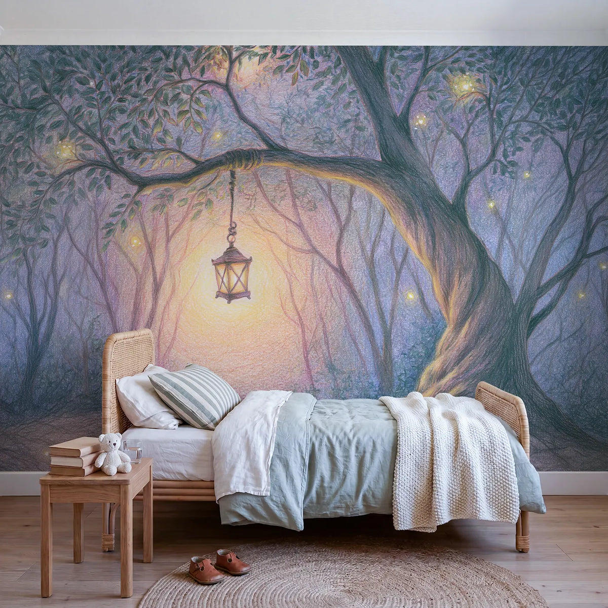 Watercolor wall mural of a soft enchanted lantern by Whimsy Tots