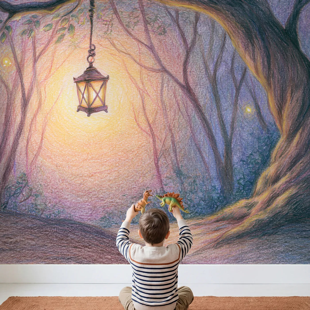 Child in nursery with Soft Enchanted Lantern Wallpaper Mural by Whimsy Tots