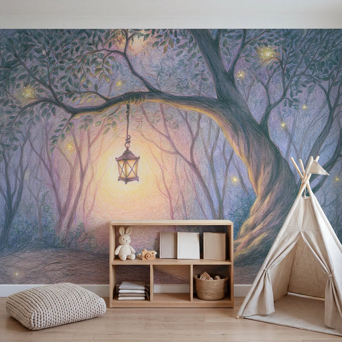Soft Enchanted Lantern Wallpaper Mural in playroom setting by Whimsy Tots