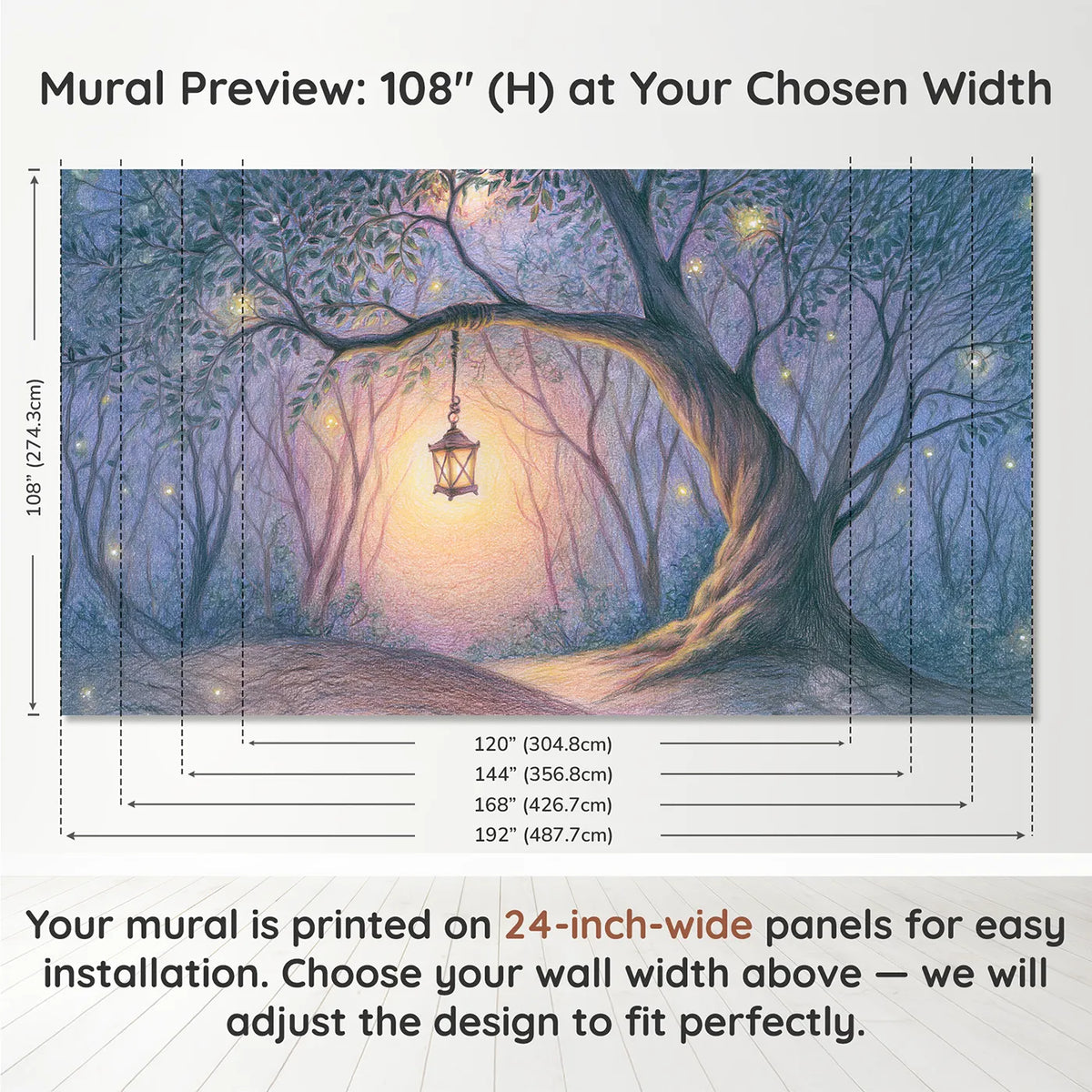 Panel layout and dimensions for Soft Enchanted Lantern Wallpaper Mural by Whimsy Tots