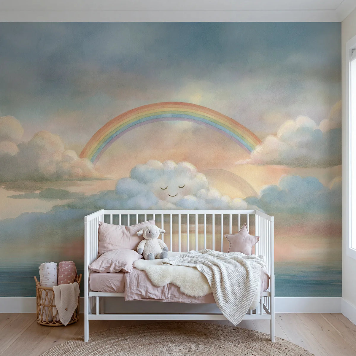 Storybook wall mural of a nursery rainbow and cloud by Whimsy Tots