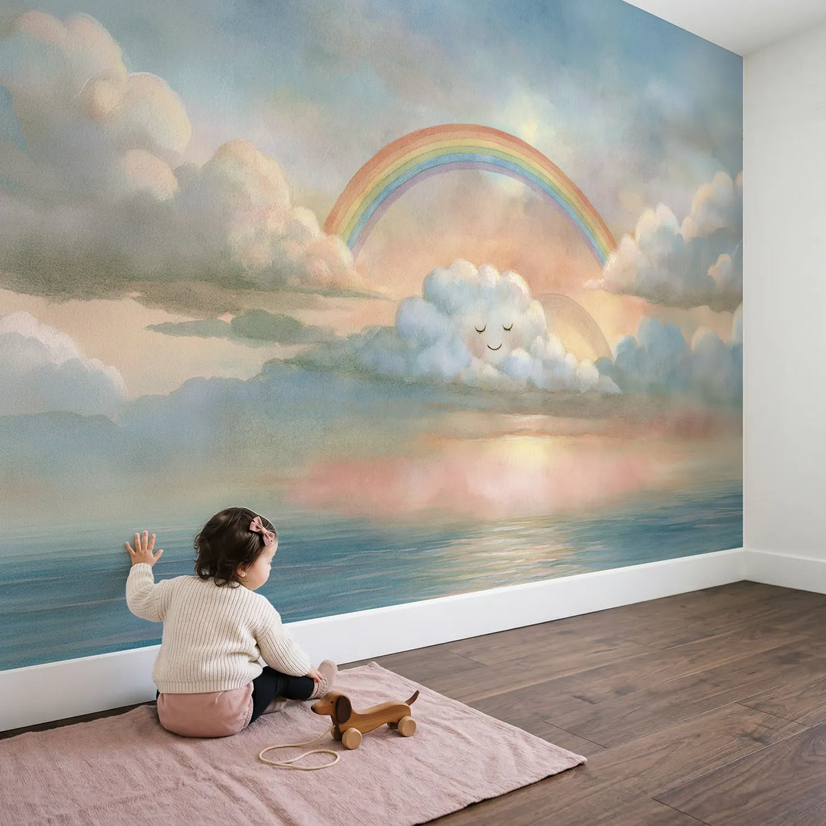 Child in nursery with Nursery Rainbow Dream Wallpaper Mural by Whimsy Tots