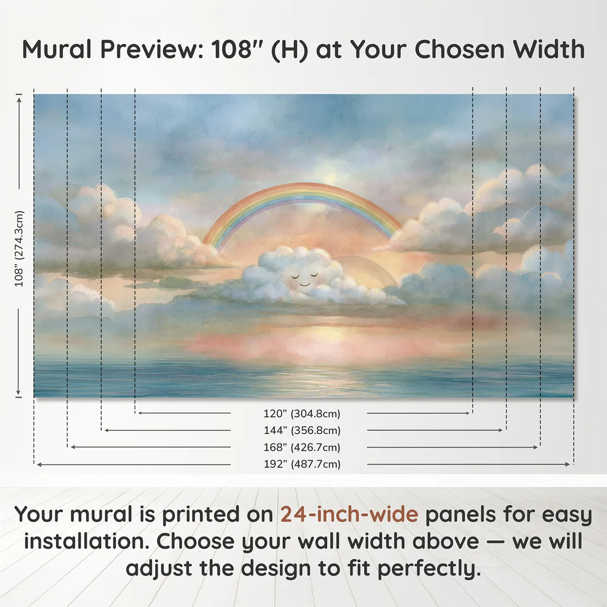 Panel layout and dimensions for Nursery Rainbow Dream Wallpaper Mural by Whimsy Tots