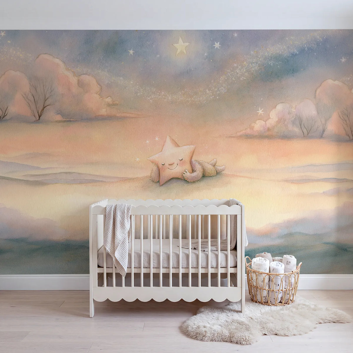 Storybook wall mural of a sleepy star friend by Whimsy Tots