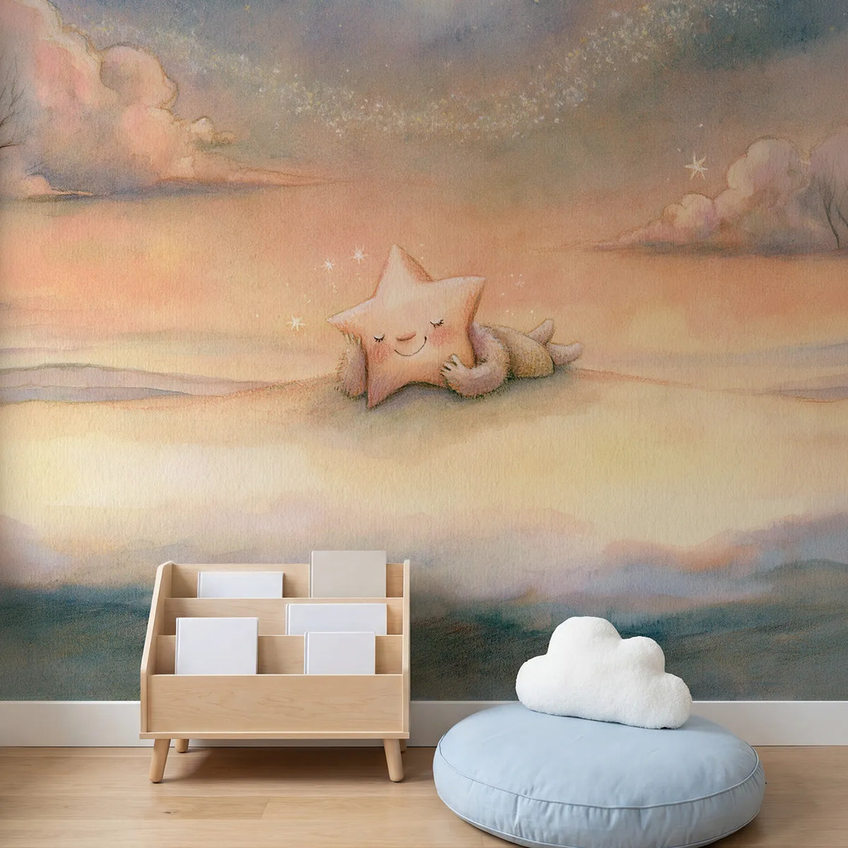 Child in nursery with Sleepy Star Friend Wallpaper Mural by Whimsy Tots
