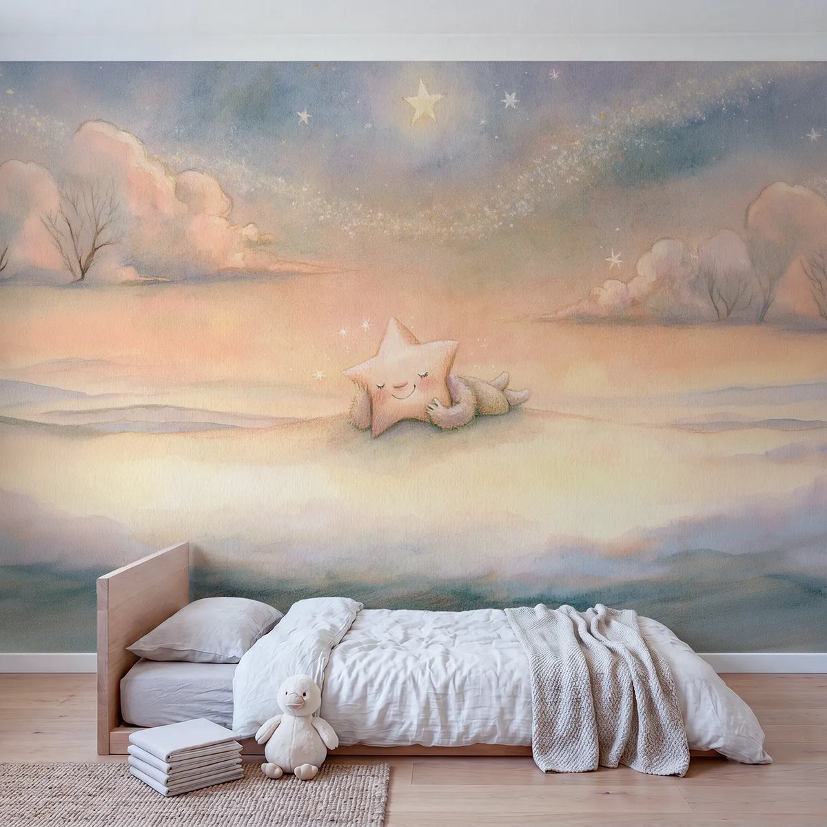 Sleepy Star Friend Wallpaper Mural in playroom setting by Whimsy Tots