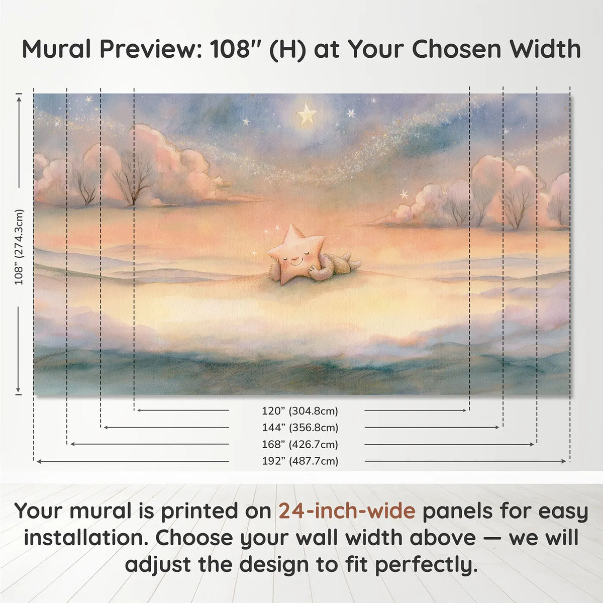 Panel layout and dimensions for Sleepy Star Friend Wallpaper Mural by Whimsy Tots