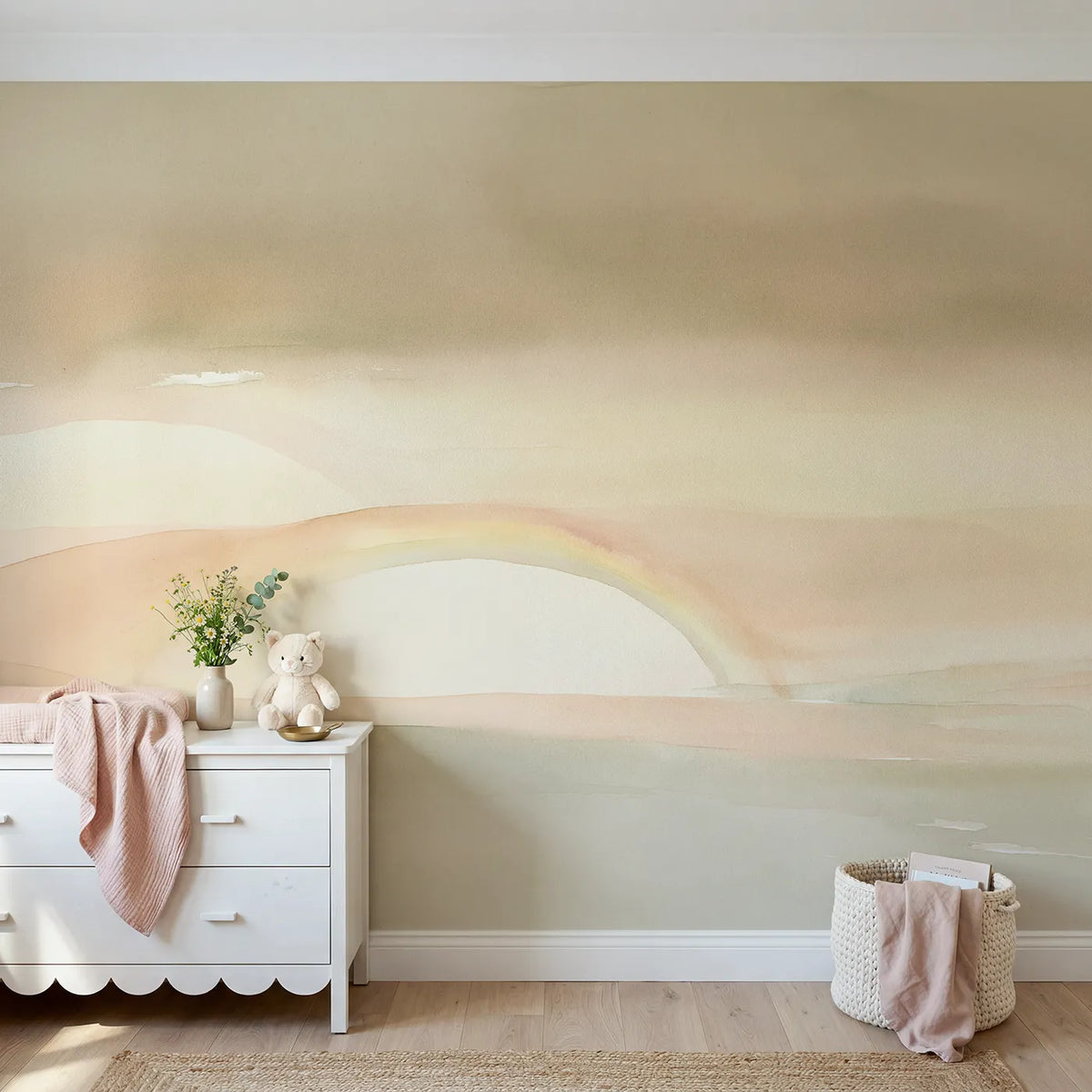 Watercolor wall mural of a faint nursery rainbow by Whimsy Tots