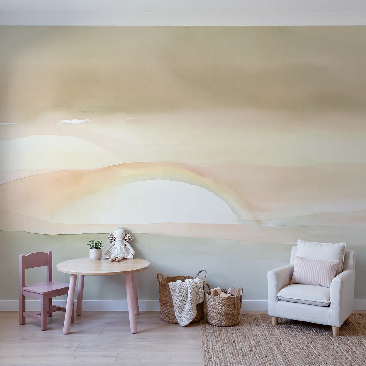 Soft Nursery Rainbow Wallpaper Mural in playroom setting by Whimsy Tots