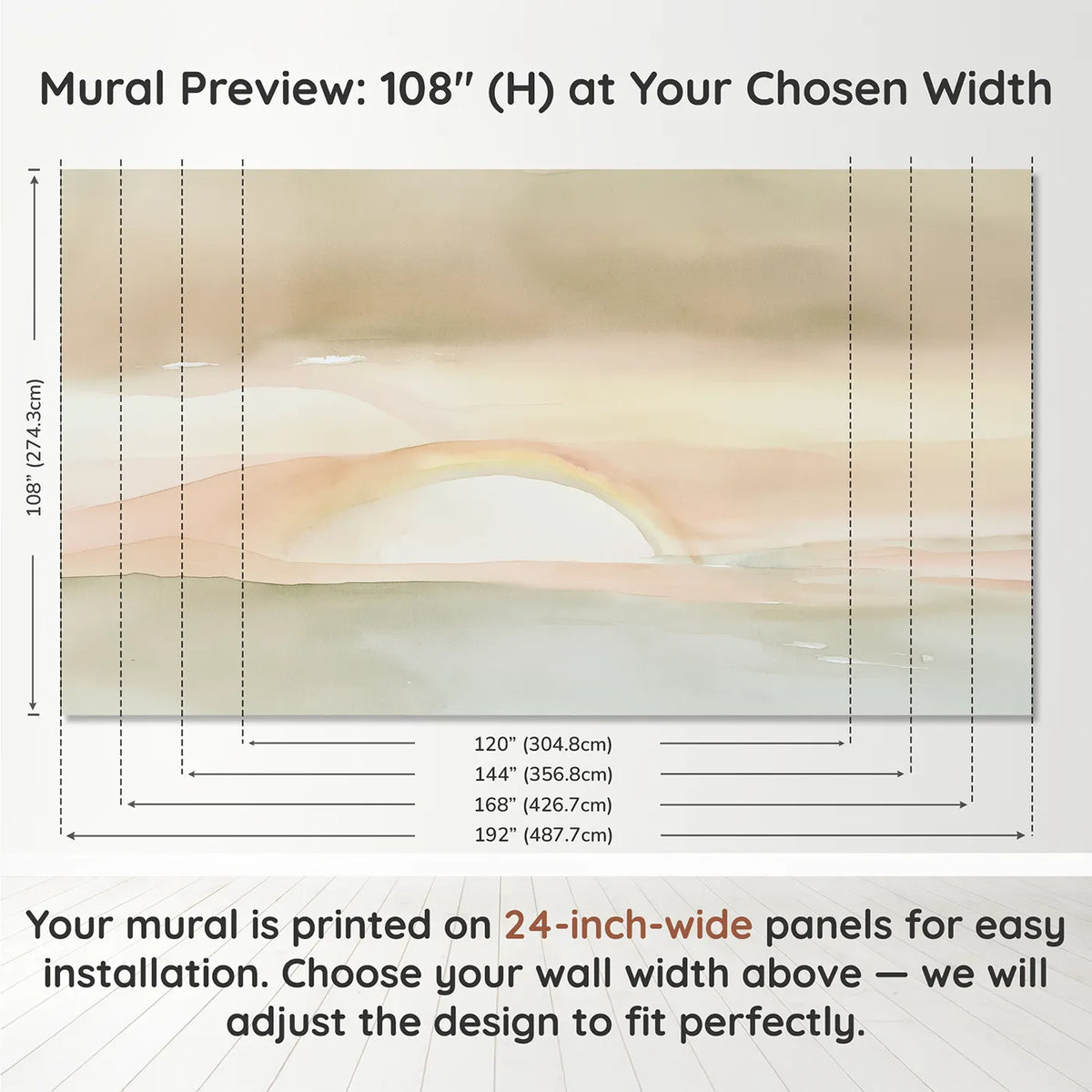 Panel layout and dimensions for Soft Nursery Rainbow Wallpaper Mural by Whimsy Tots