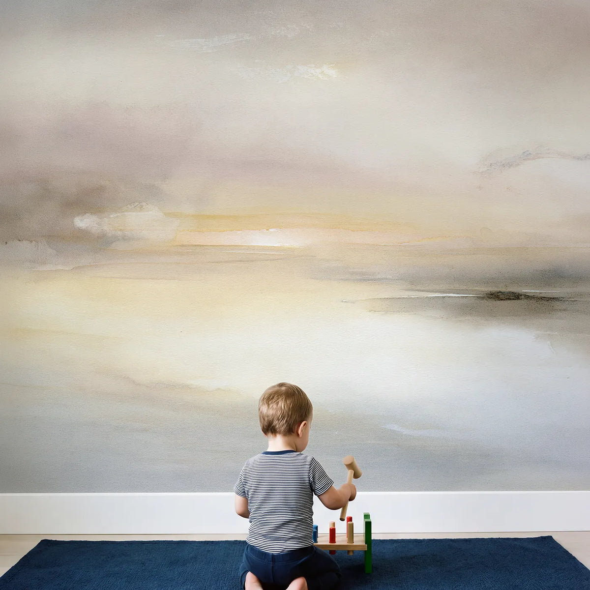 Child in nursery with Dreamy Pastel Haze Wallpaper Mural by Whimsy Tots