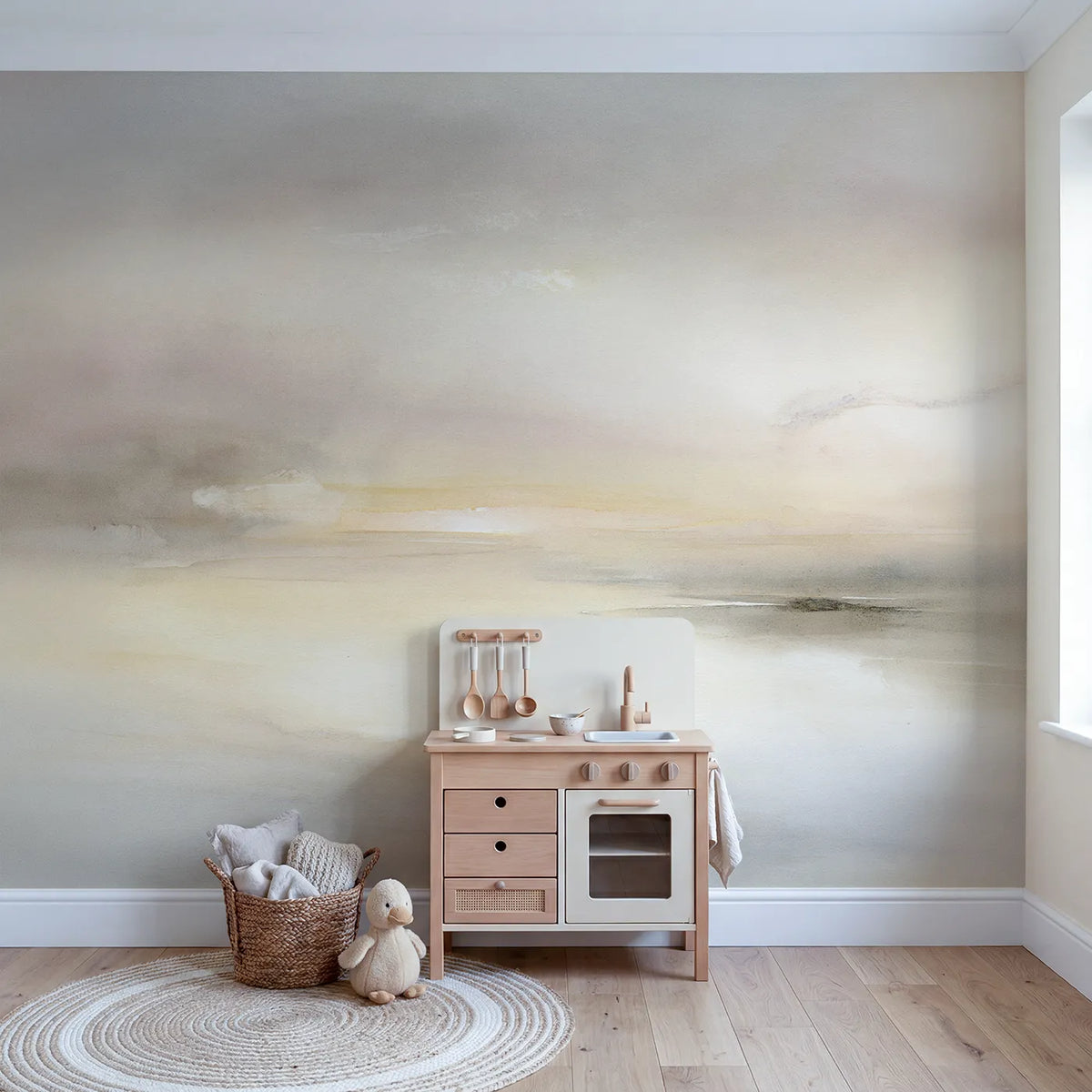 Dreamy Pastel Haze Wallpaper Mural in playroom setting by Whimsy Tots