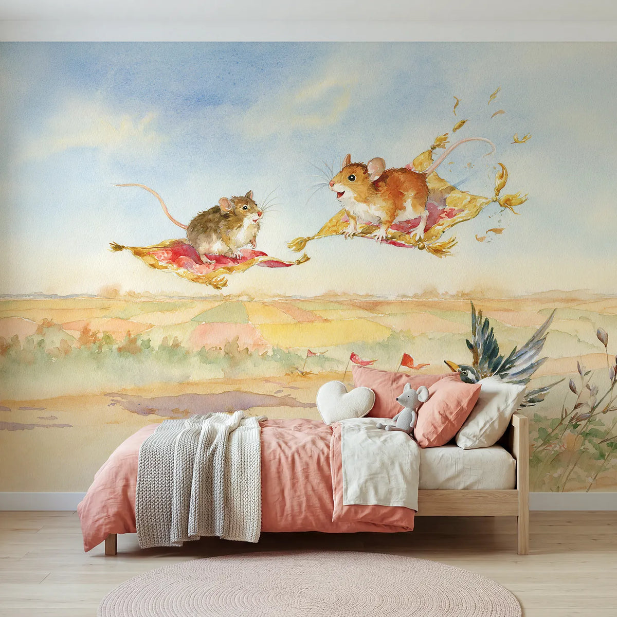Watercolor first magic carpet lesson above small fields, mural for a playroom by Whimsy Tots