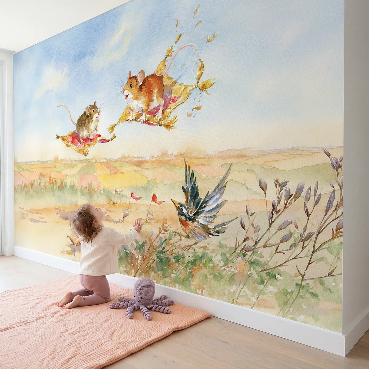 Child in nursery with The Magic Carpet Lesson Wallpaper Mural by Whimsy Tots