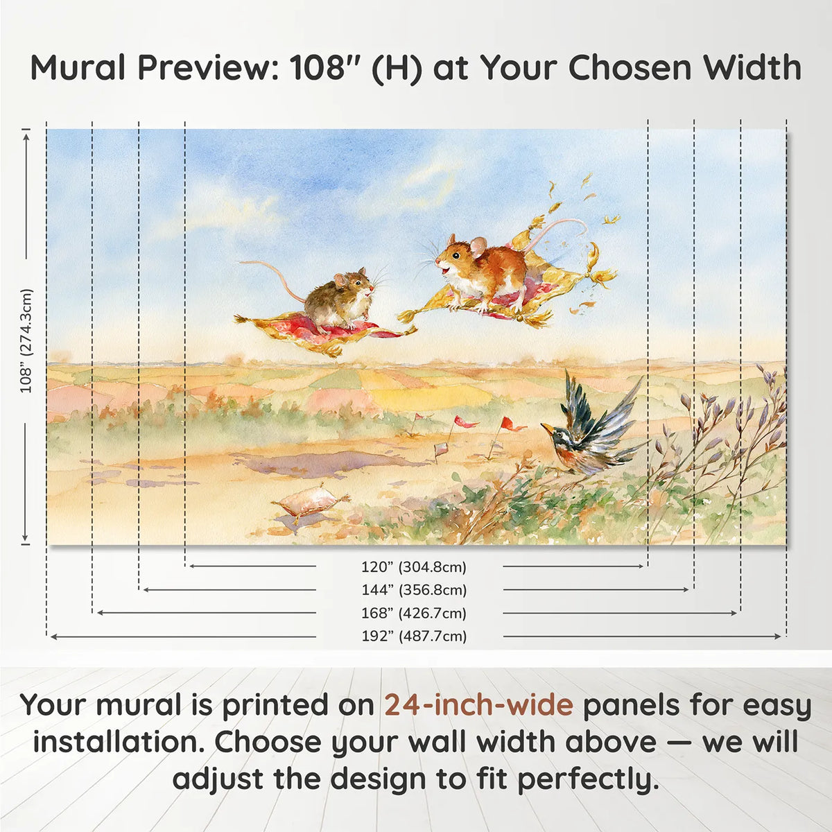 Panel layout and dimensions for The Magic Carpet Lesson Wallpaper Mural by Whimsy Tots