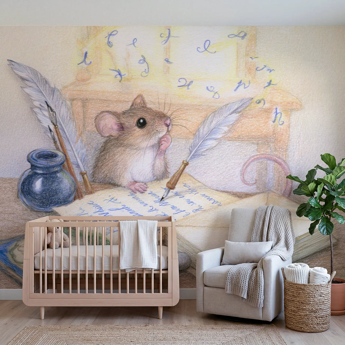 Colored Pencil letters rising off a page in loops, mural for a big-kid bedroom by Whimsy Tots