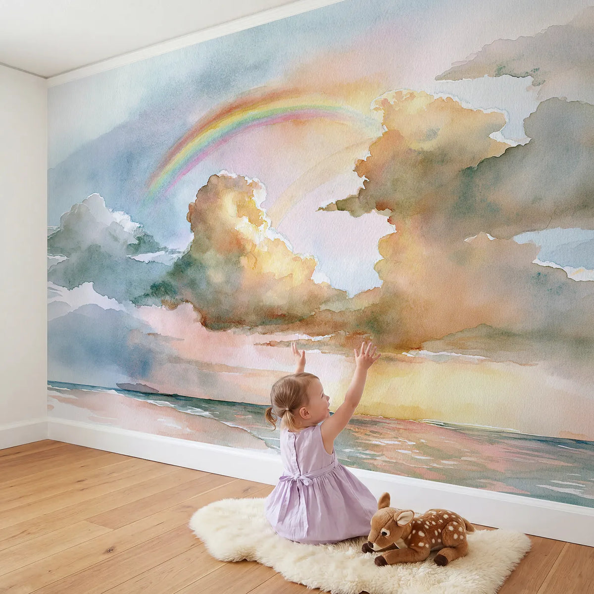 Child in nursery with Soft Cloud Rainbow Wallpaper Mural by Whimsy Tots