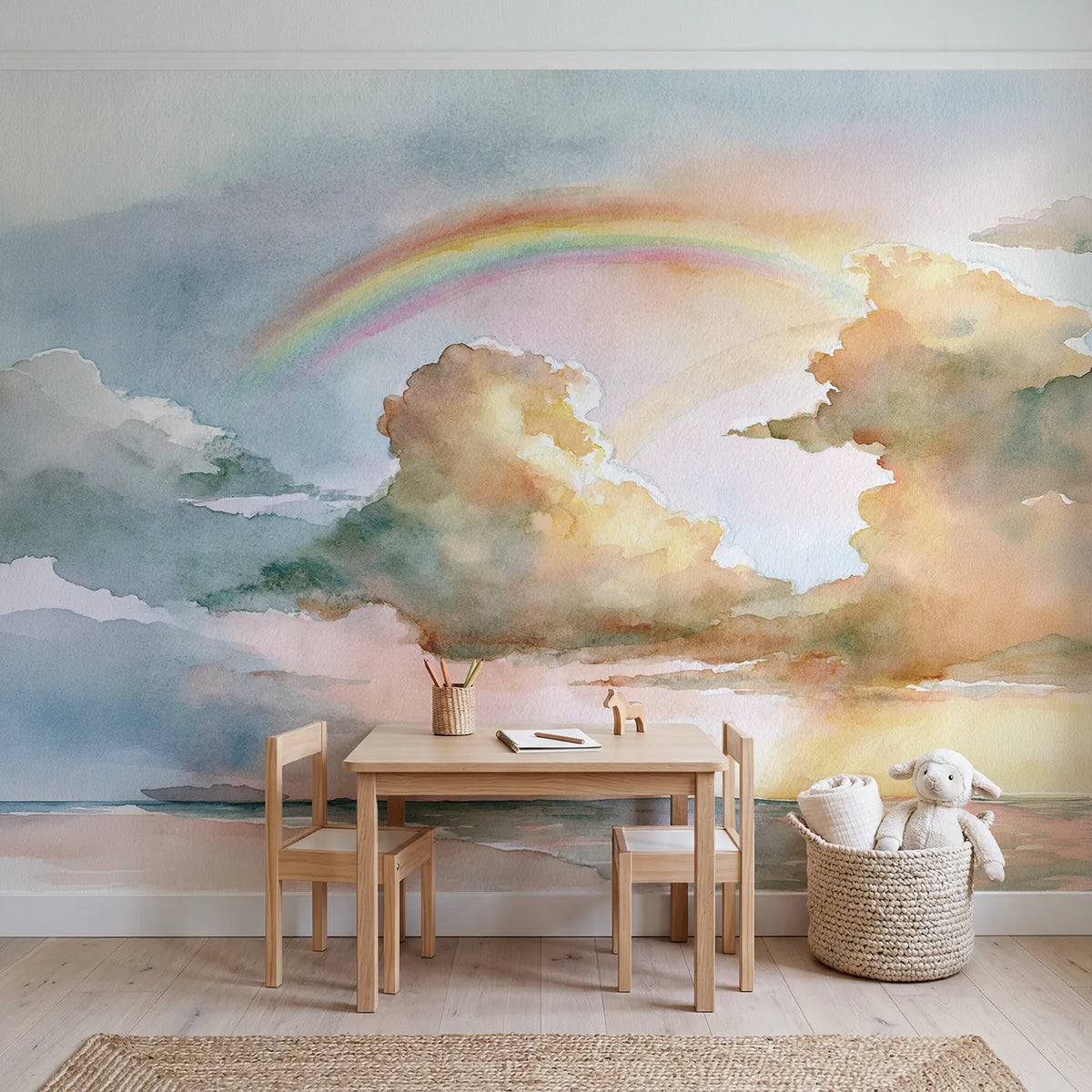 Soft Cloud Rainbow Wallpaper Mural in playroom setting by Whimsy Tots