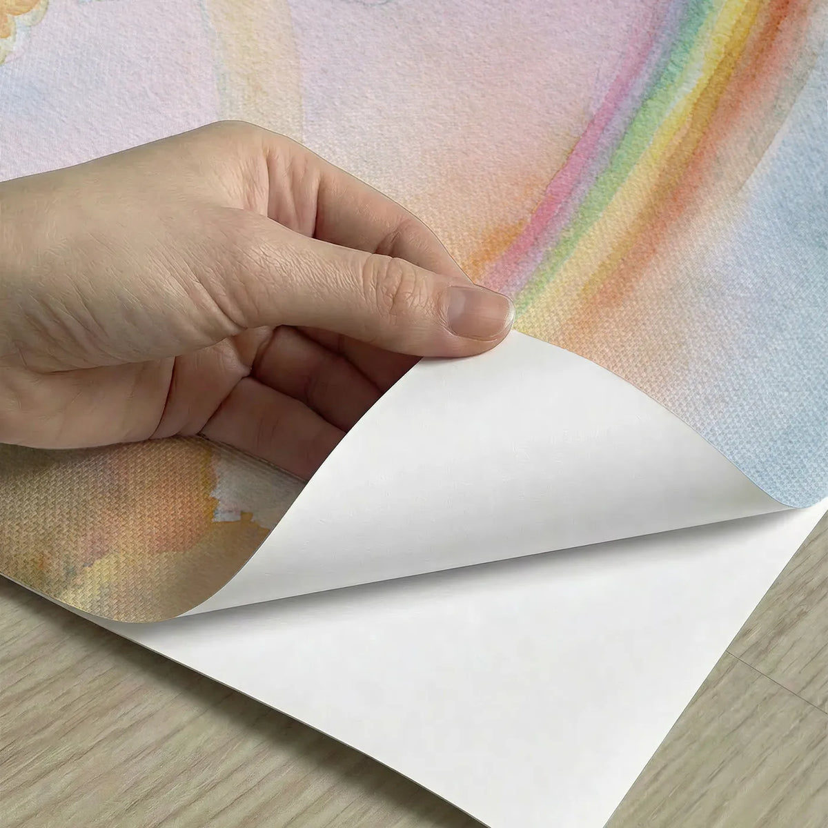 Peel-and-stick detail of Soft Cloud Rainbow Wallpaper Mural by Whimsy Tots