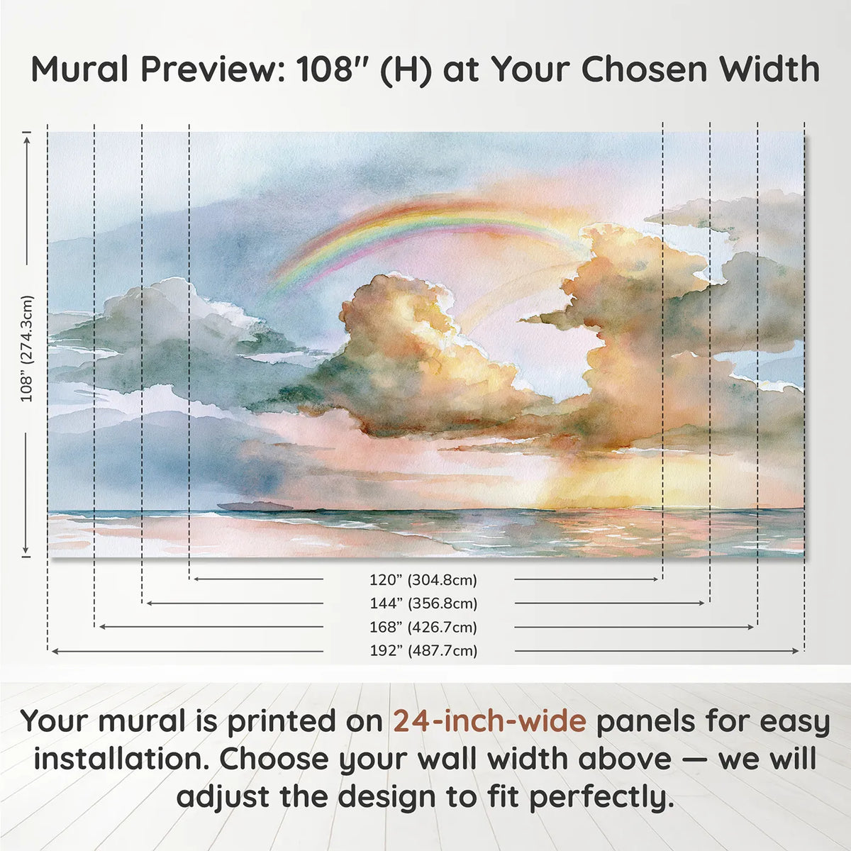 Panel layout and dimensions for Soft Cloud Rainbow Wallpaper Mural by Whimsy Tots