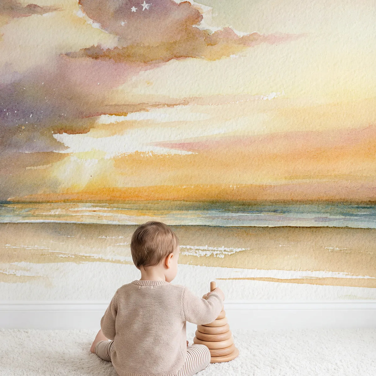 Child in nursery with Gentle Star Cloud Wallpaper Mural by Whimsy Tots