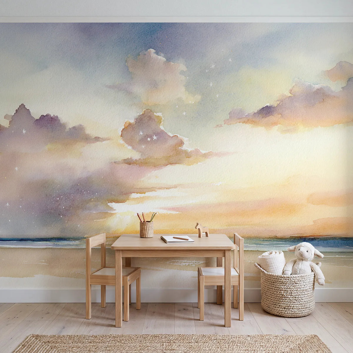 Gentle Star Cloud Wallpaper Mural in playroom setting by Whimsy Tots