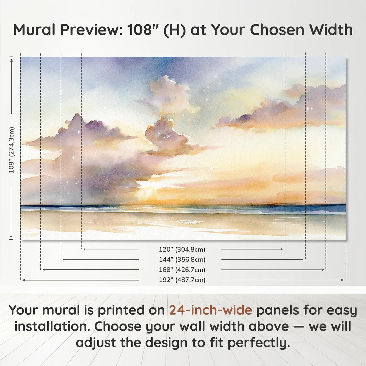 Panel layout and dimensions for Gentle Star Cloud Wallpaper Mural by Whimsy Tots
