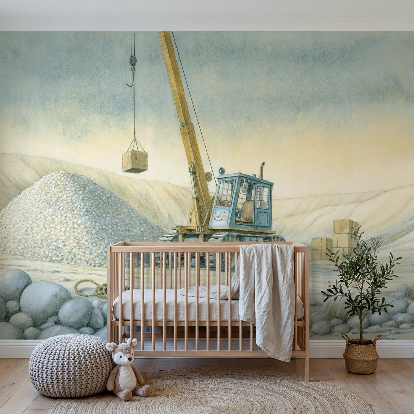 Storybook wall mural of a little crane friend by Whimsy Tots